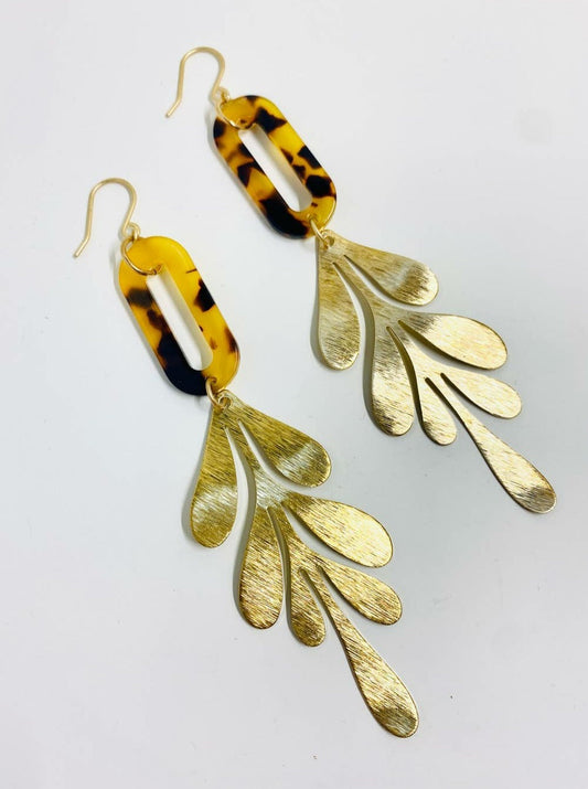 Brown Tortoise Shell and Brass Leaf Earrings