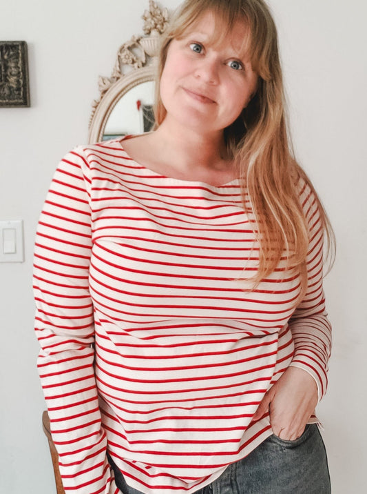 J. CREW RED AND WHITE STRIPE LONG SLEEVE SIZE LARGE